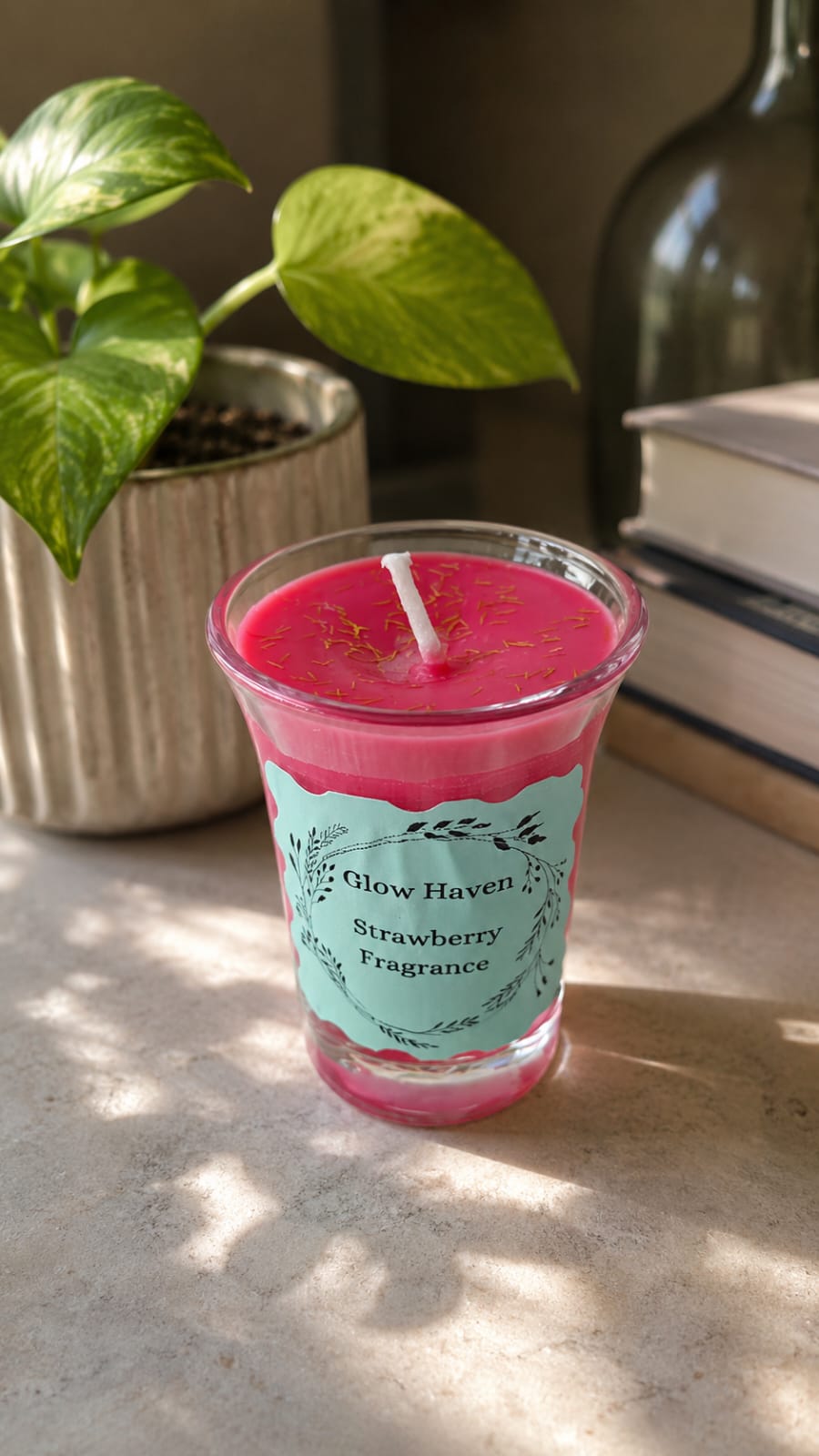 Short glass candle with Strawberry fragrance