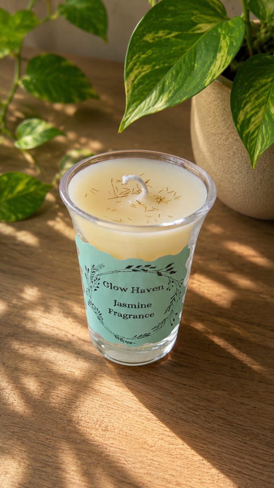 Short glass candle with jasmine fragrance